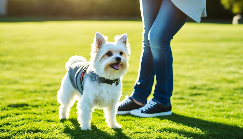 Calm dog greeting person