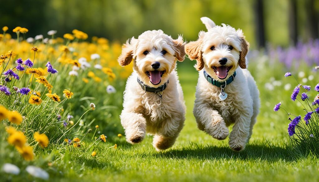 Mini F1b Goldendoodles playing in a park